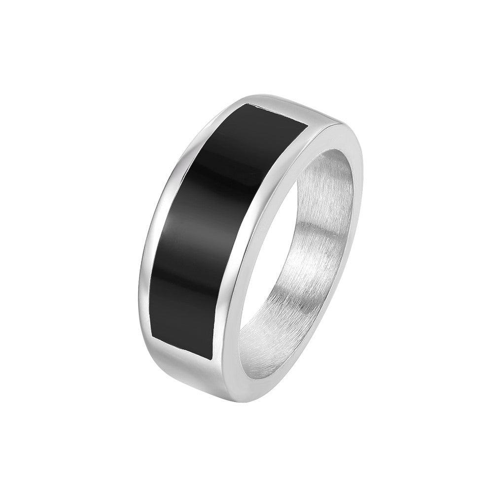 Everyday Genie Men's Titanium Steel Ring with Simple Black Drop Oil Design