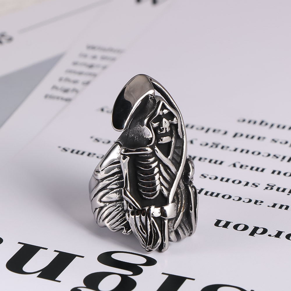 Punk Hip Hop Titanium Steel Skull Ring with Halloween Ghost Head Sickle for Men