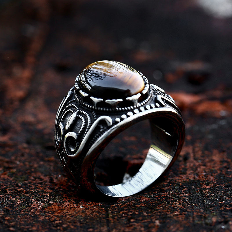 Retro Titanium Steel Tiger's Eye Inlaid Ring for Men - Hot Sale Cross-Border Wholesale