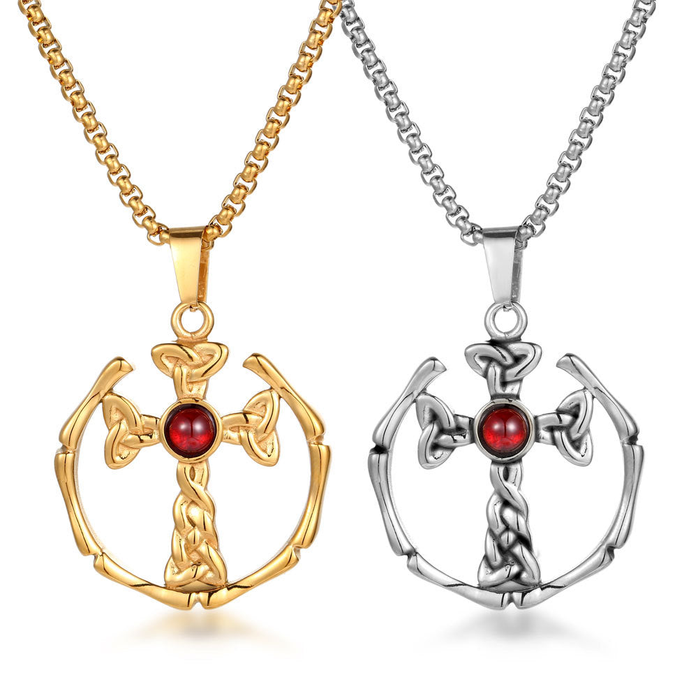 Titanium Steel Woven Cross Necklace with Red Zircon, Custom Gothic Rock Pendant for Men