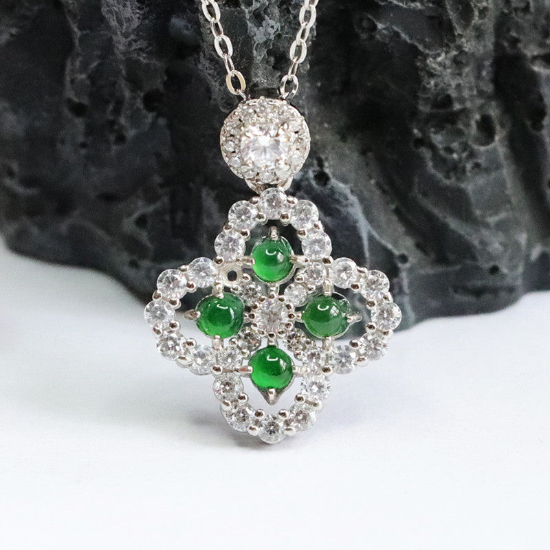 Imperial Green Jade Four-Leaf Clover Necklace with Zircon Accents in Sterling Silver