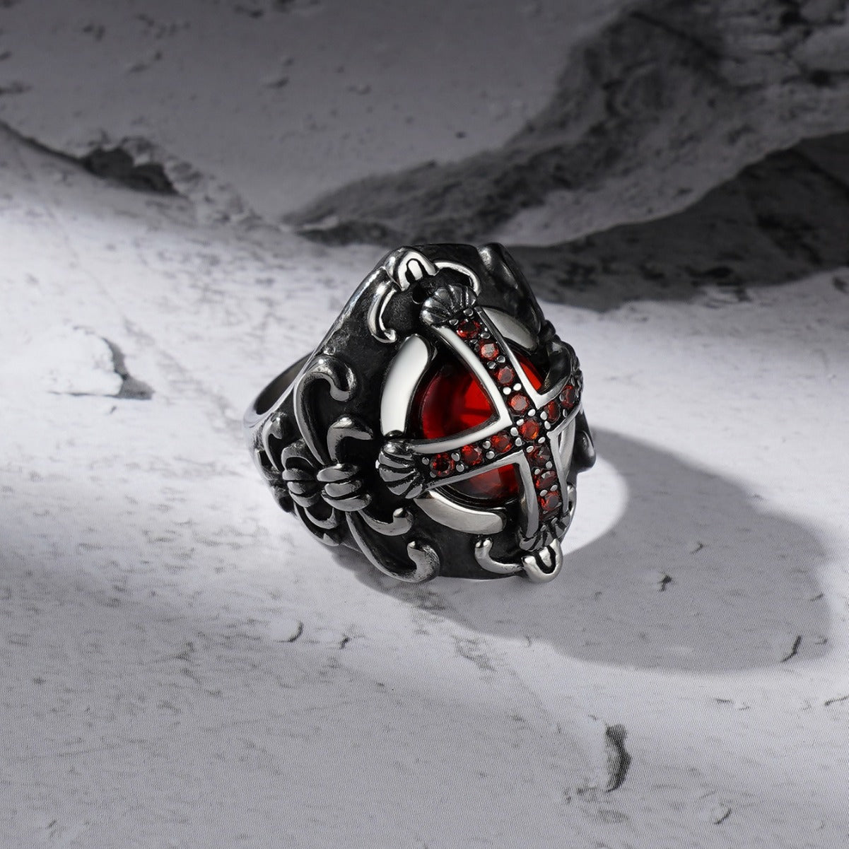 Gothic Crown Ring for Men with Dominant Red Zircon in Titanium Steel