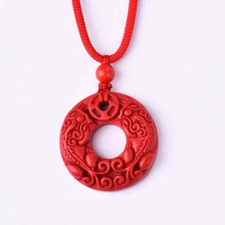 Red Sand Stone Double Pixiu Wealth and Protection Pendant Necklace