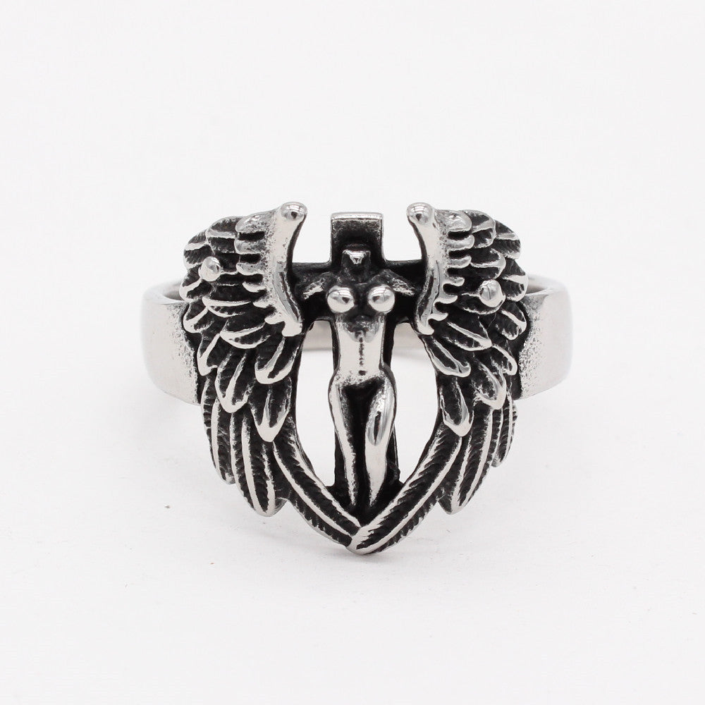 Retro Angel Wings Cross Men's Titanium Steel Ring