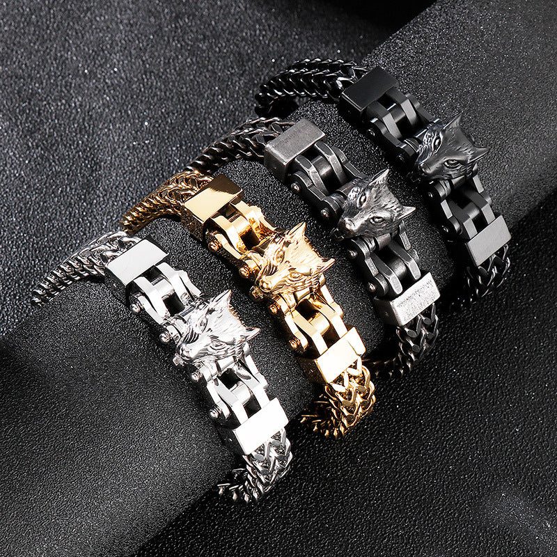 European and American Hip-Hop Style Electroplated Wolf Head Titanium Steel Bracelet for Men