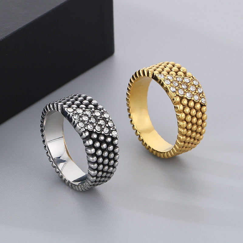 Men's Hip-Hop Inspired 18k Gold Plated Zircon Bead Ring - Retro Stainless Steel Design