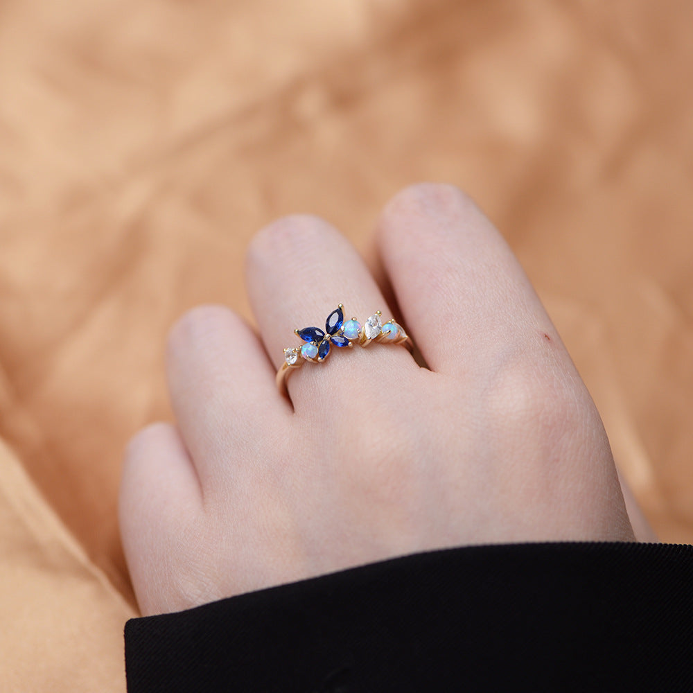 Opal and Zircon Butterfly Slim Sterling Silver Ring