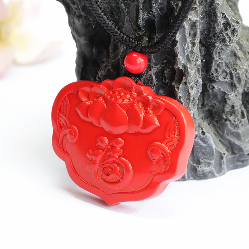 Red Sand Cinnabar Lotus Ruyi Sterling Silver Pendant