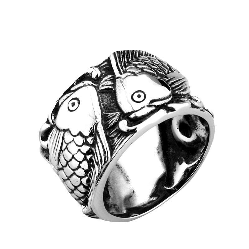 Retro Titanium Steel Double Fish Ring for Men - Wholesale Ethnic Style Jewelry