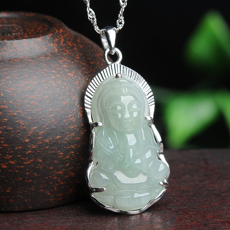 Sterling Silver Guanyin Pendant Necklace with Myanmar Jade Accents