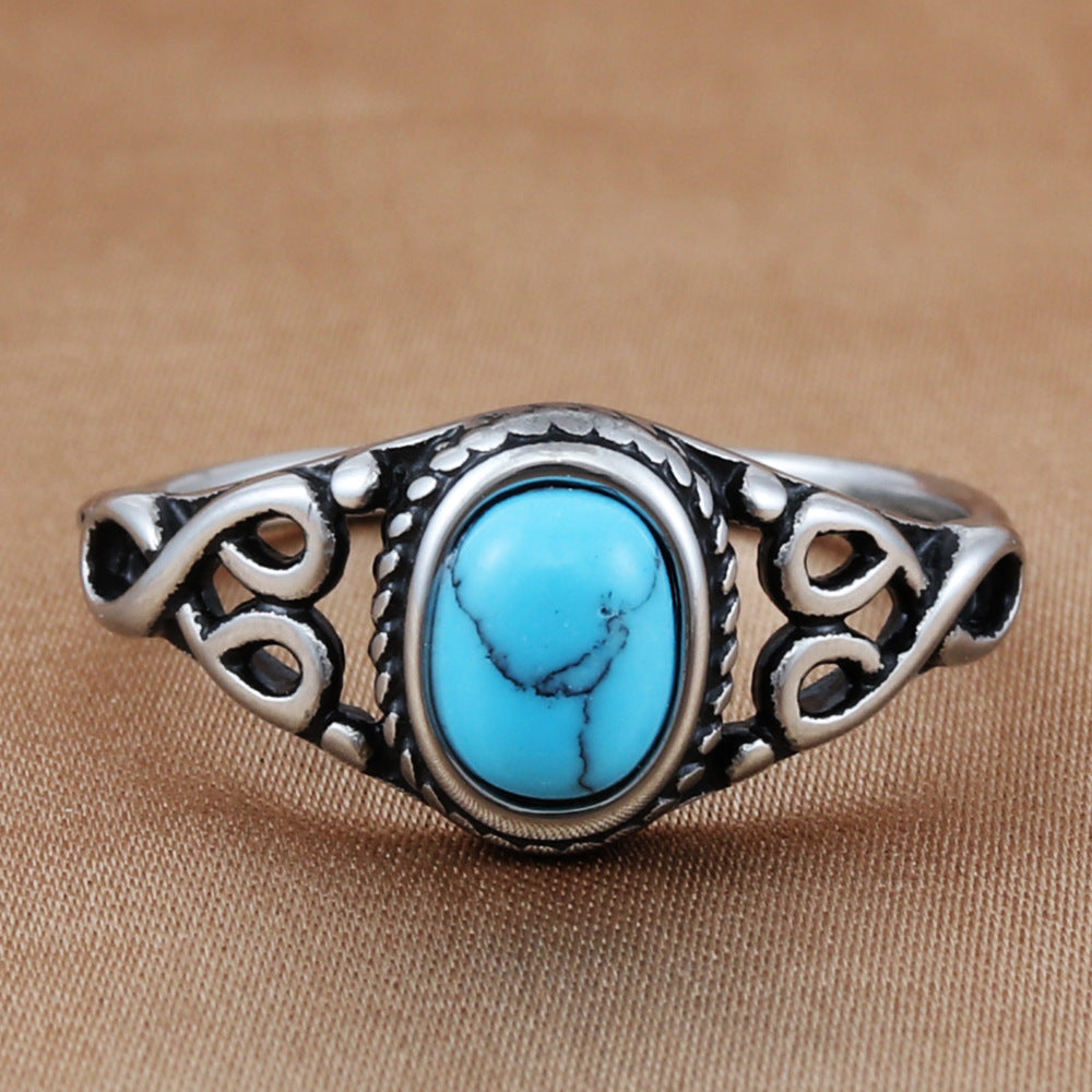 Retro-Inspired Multi-Color Stone Titanium Steel Hollow Ring for Men