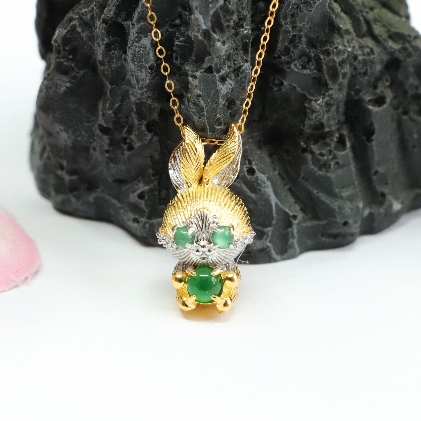 Jade Beaded Two Tone Rabbit Necklace with Sterling Silver