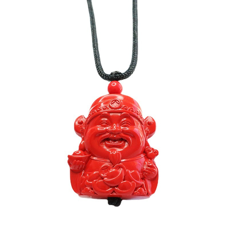 Red Sand God of Wealth Sterling Silver Pendant with Cinnabar Stone