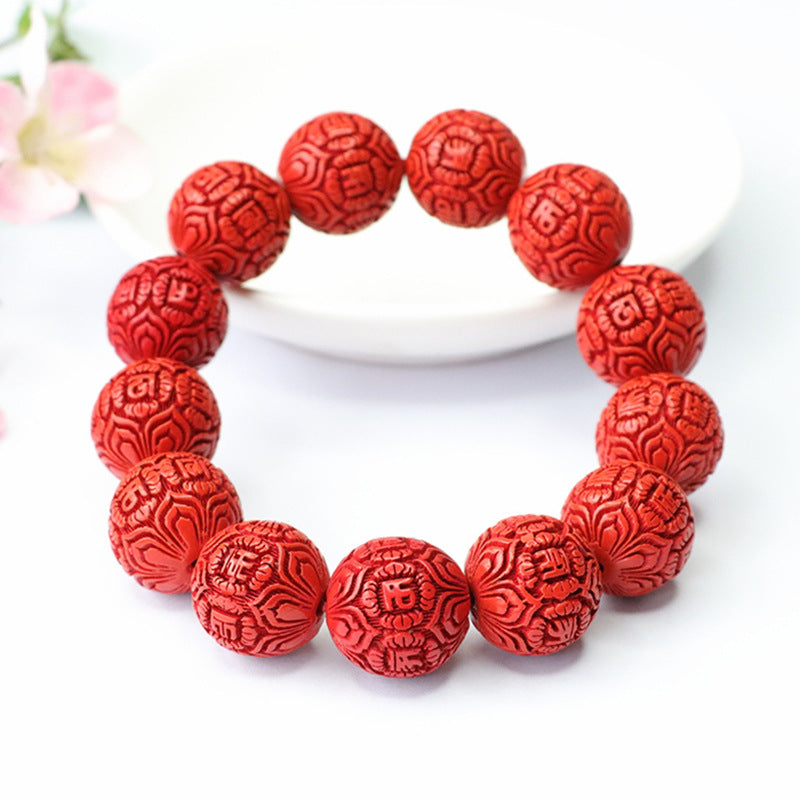 Retro Men's Cinnabar Stone Bead Bracelet with Sterling Silver Accents