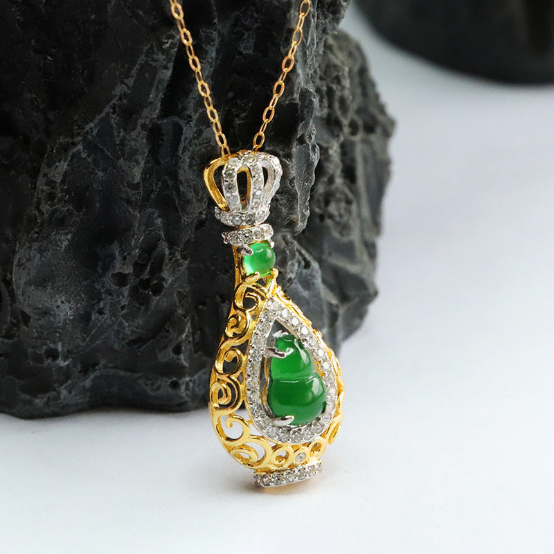 Sterling Silver Necklace with Ice Emperor Green Jade Gourd Crown Pendant