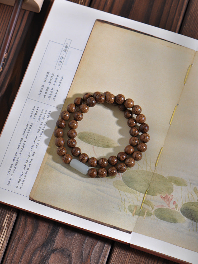 National Sandalwood and Hetian Jade Bracelet with Double Beads