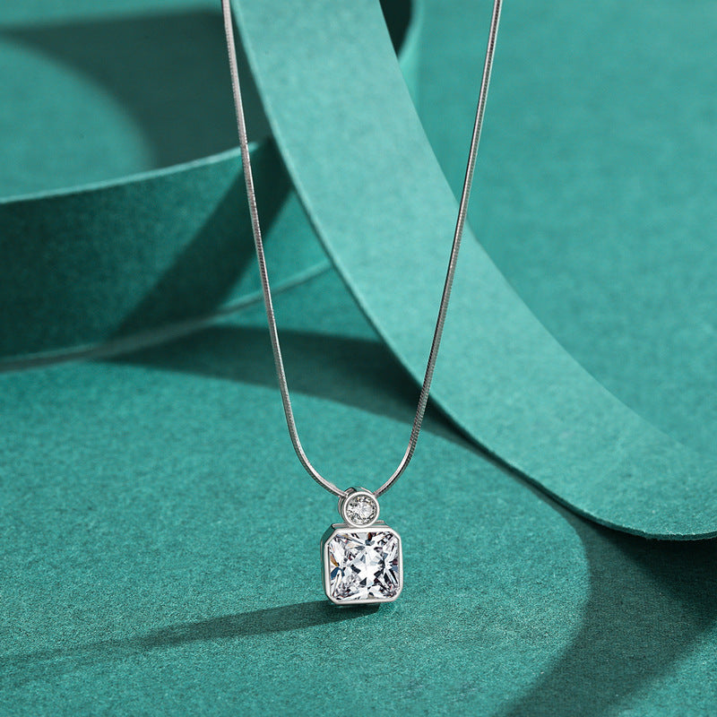 Sterling Silver Square Zircon Necklace with Snake Bone Chain