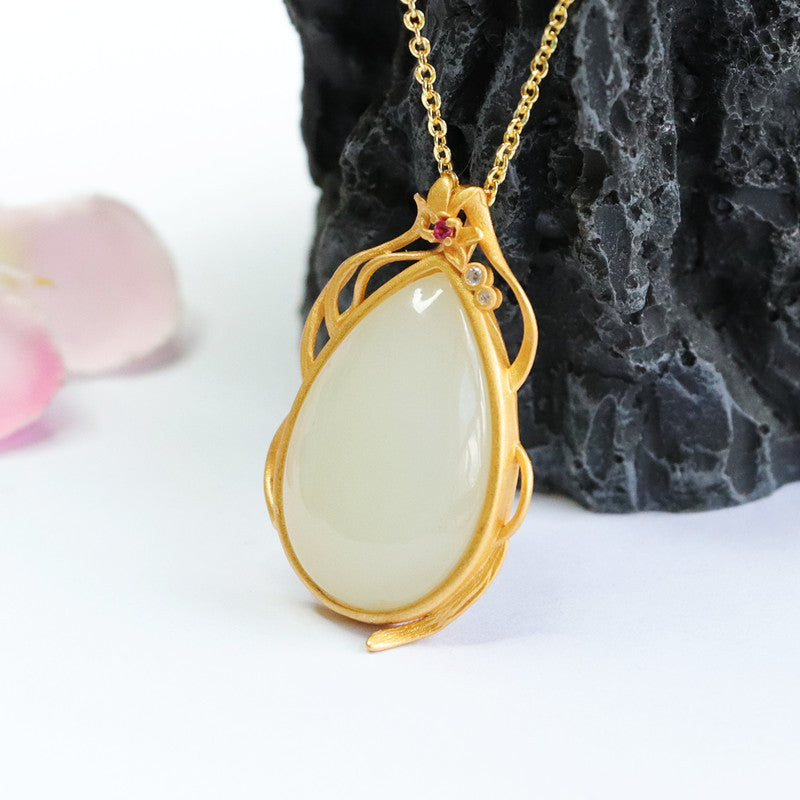 White Jade Drop Necklace with Sterling Silver Lace Detail