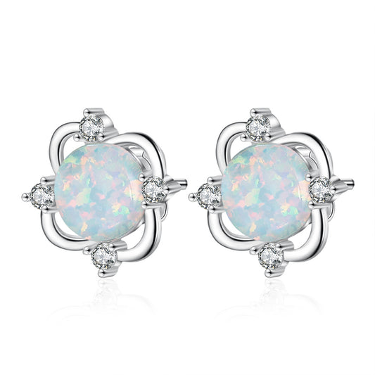 Round Opal Small Zircon Flower Sterling Silver Stud Earrings