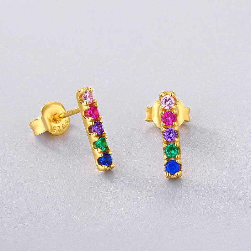 Round Shape Rainbow Zircon Strip Type Silver Stud Earrings