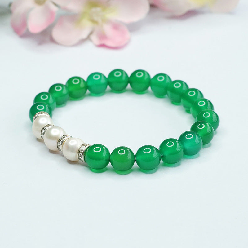 Green Chalcedony and Freshwater Pearl Sterling Silver Bracelet