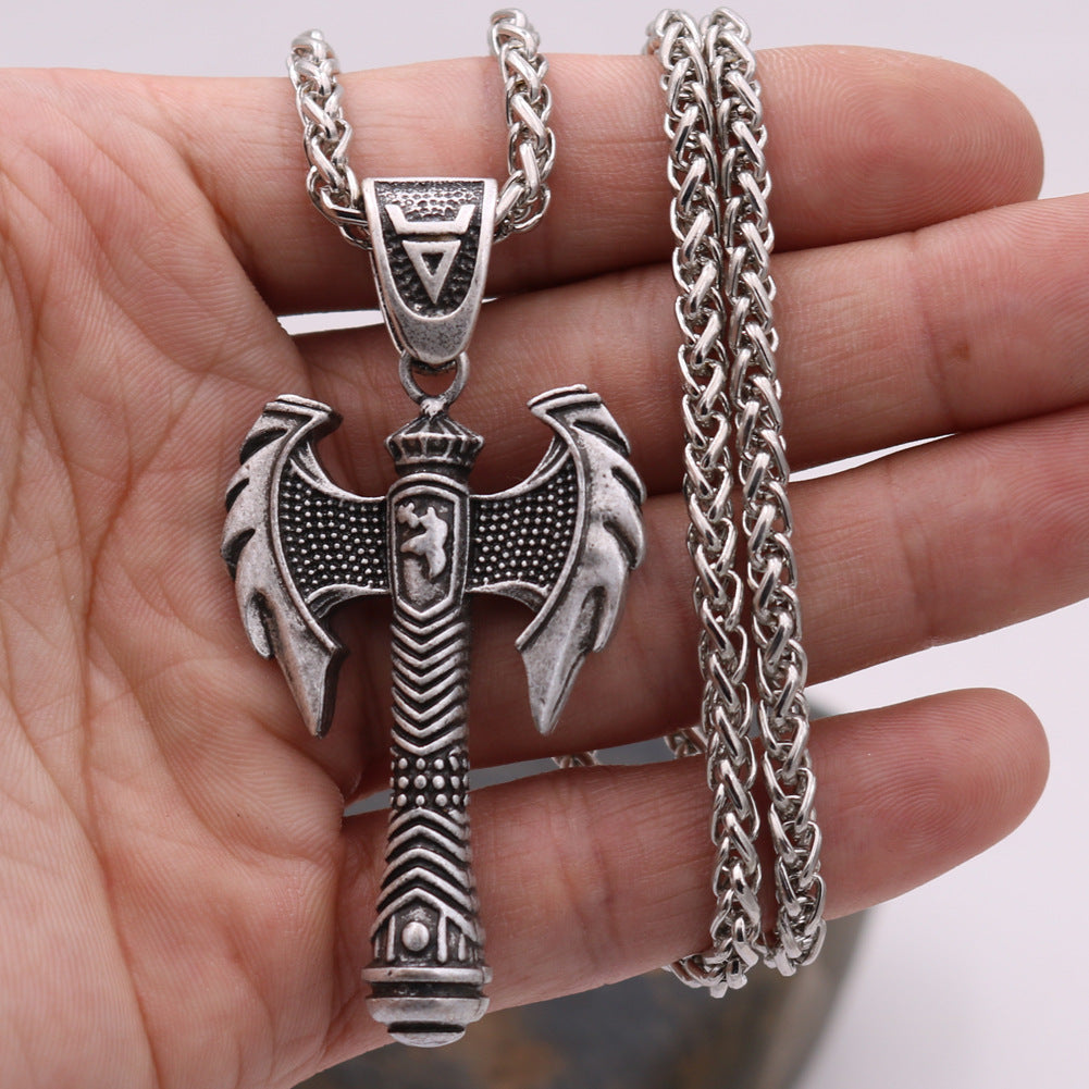 Norse Legacy Metal Necklace with Viking Odin Hammer Pendant - Battle Axe Design