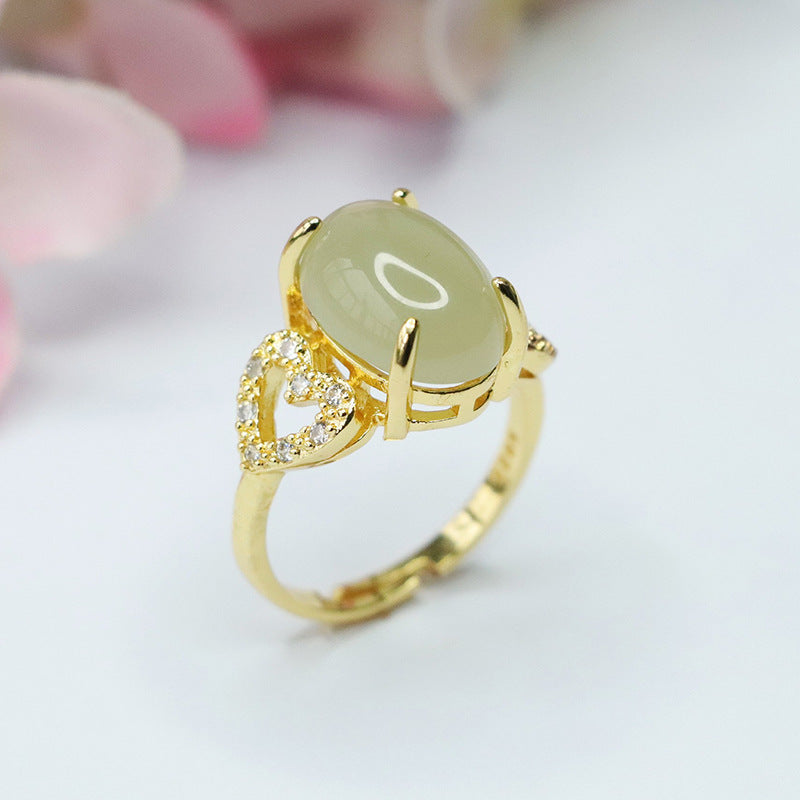 Elegant Love Zircon Hollow Hotan Jade Ring with Adjustable Opening