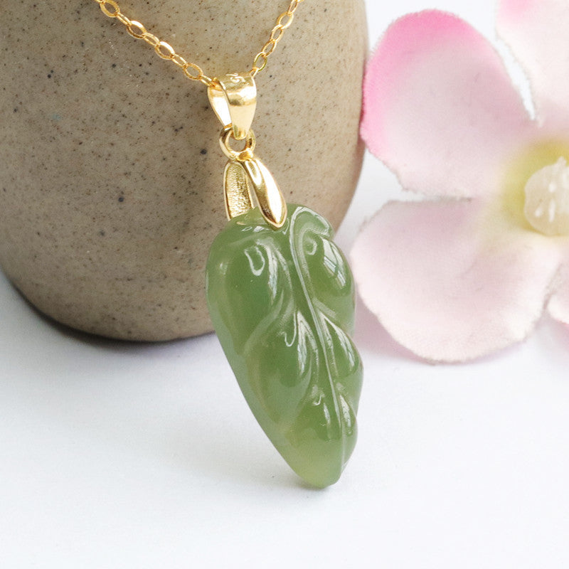 Leaf Jade Necklace with Sterling Silver Pendant