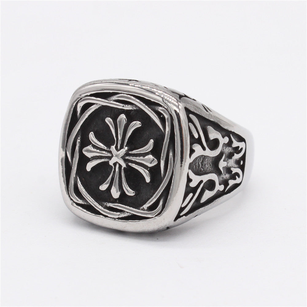 Retro Pattern Cross Flower Square Titanium Steel Ring for Men