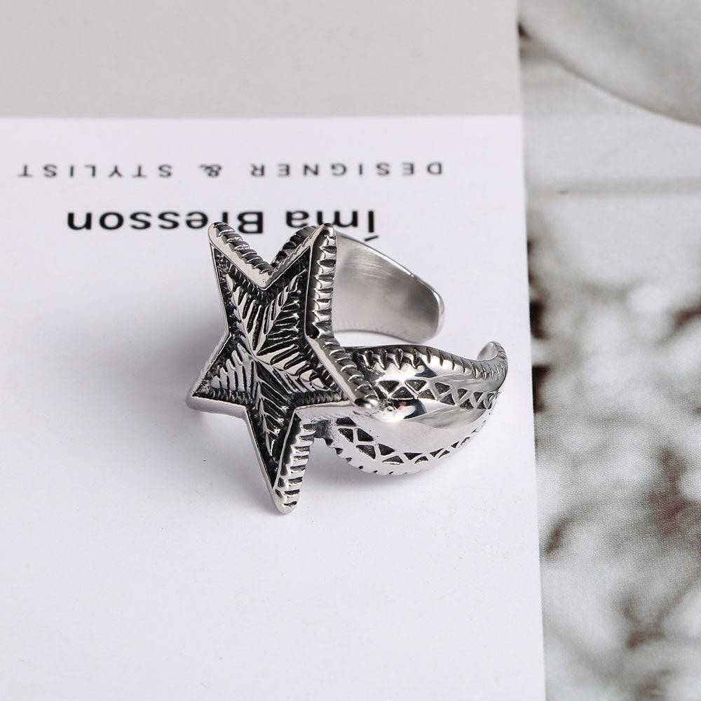 Titanium Steel Open Ring with Five-Pointed Star Design for Boys and Fashionable Women - Korean Style