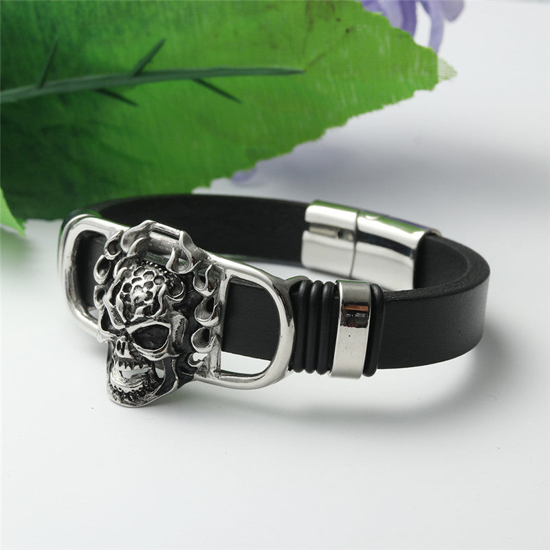 Titanium Steel Skull Flame Bracelet - Personalized Punk Leather Accessory for Men