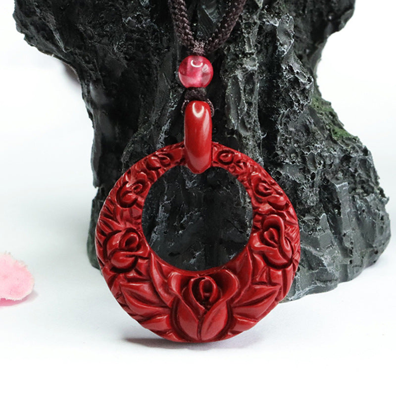 Rose Hollow Round Vermilion Sand Pendant with Purple Gold Sand Carving