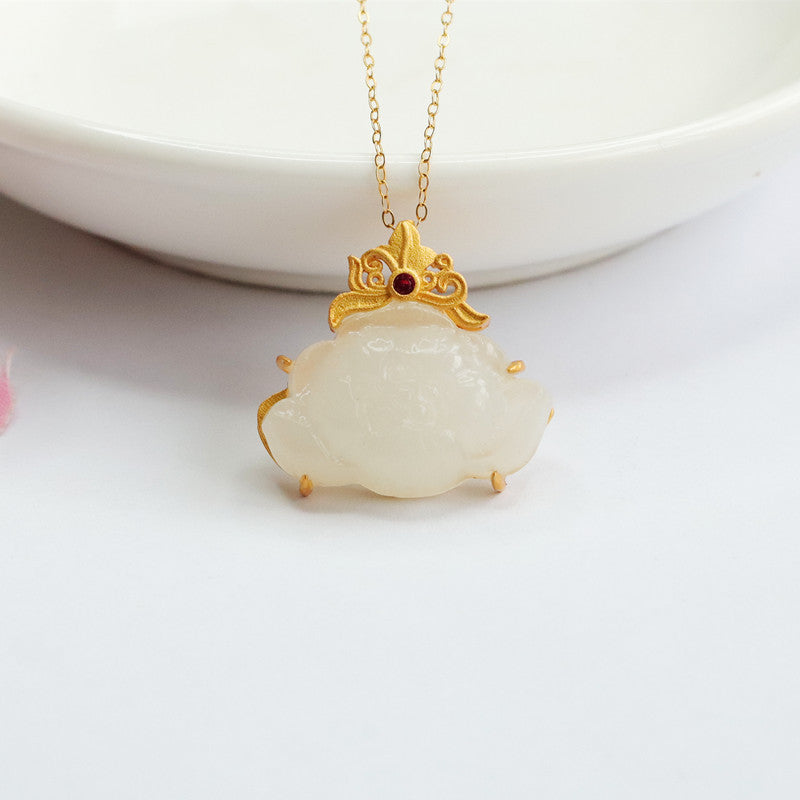 White Jade Lotus Pendant Necklace crafted in Sterling Silver with Natural Hetian Jade