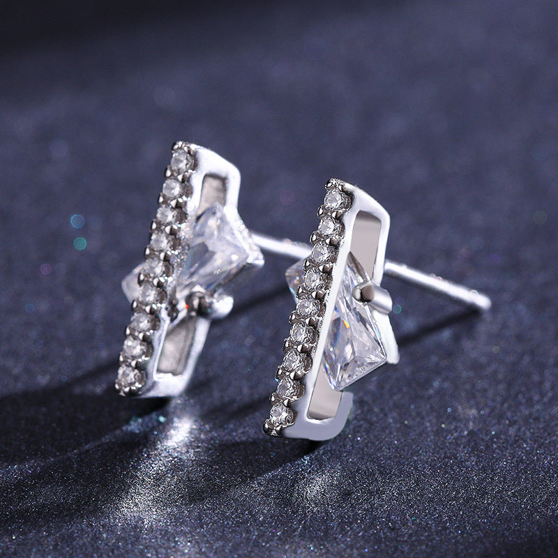 Stylish Sterling Silver Geometric Design Stud Earrings with Zircon Insets