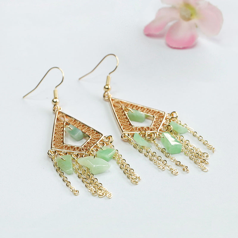 Geometric Irregular Tassel Sterling Silver Jade Earrings