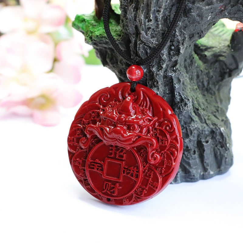 Fortune's Favor Cinnabar Stone and Pixiu Pendant with Swallowing Gold Beast Oval Design