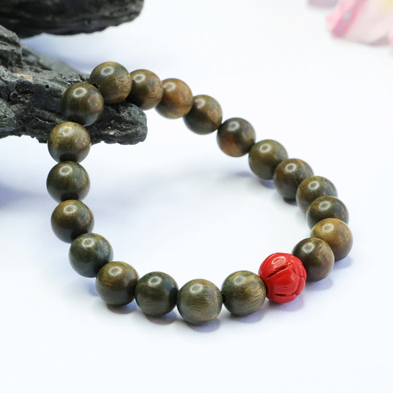 Lotus Bead Sterling Silver Bracelet with Cinnabar Stone and Sandalwood