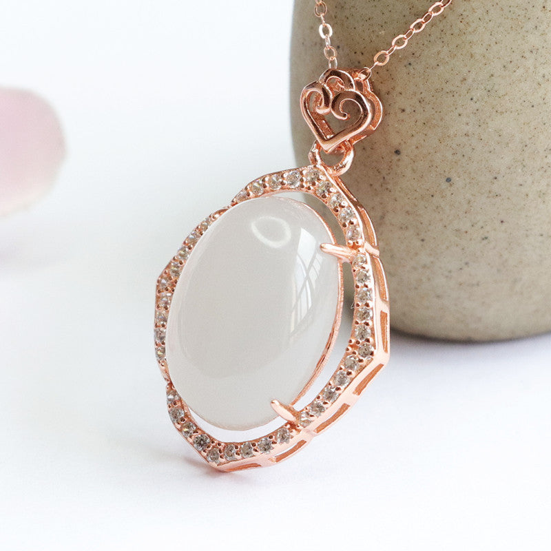 Sterling Silver Necklace with Hetian Jade Pigeon Egg Pendant and Zircon Accent