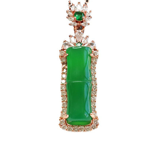 Jade Chalcedony Bamboo Zircon Rose Gold Fortune Pendant