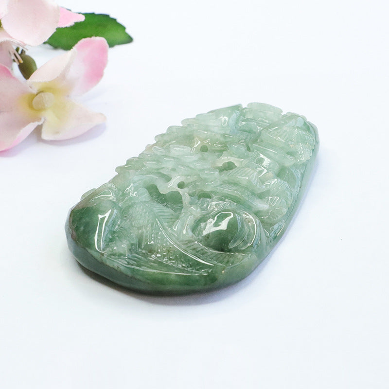 Green Landscape Jade Pendant Engraved with Full Nature Scenery