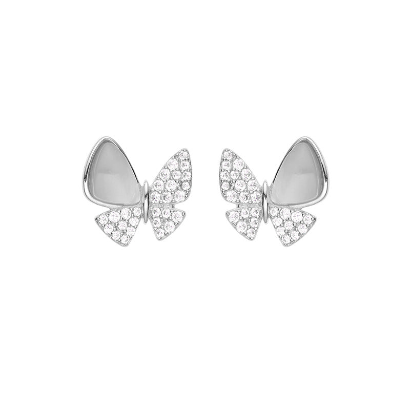 Butterfly with Mother of Pearl and Zircon Silver Stud Earrings