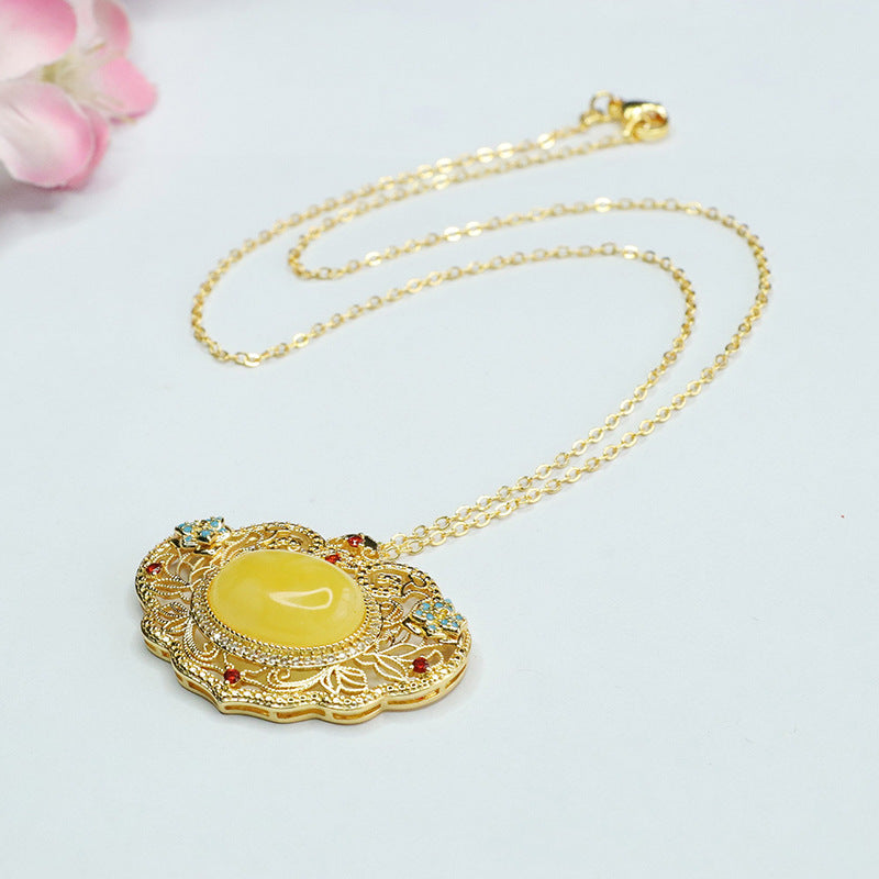 Golden Ruyi Beeswax Amber Pendant with Sterling Silver Necklace