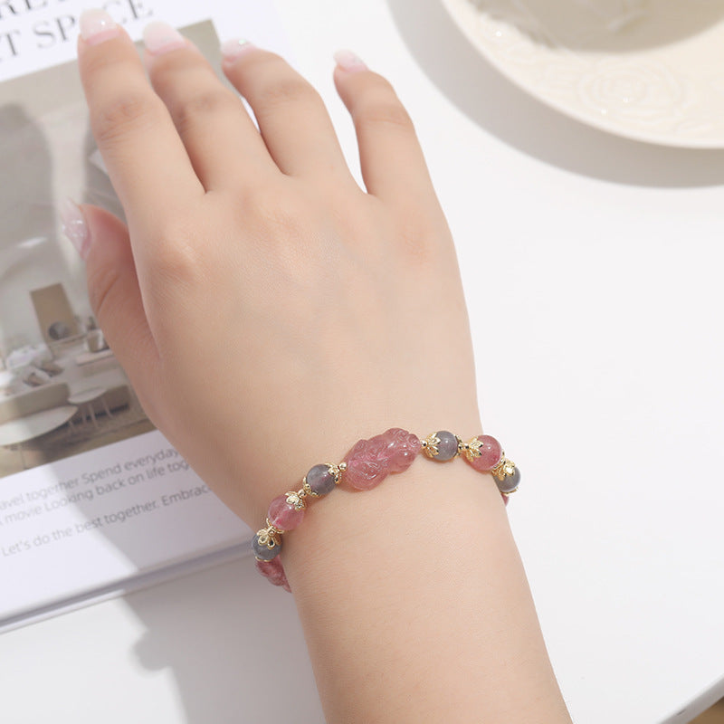 Strawberry Crystal Pixiu Bracelet with Gray Moonlight for Wealth Transfer