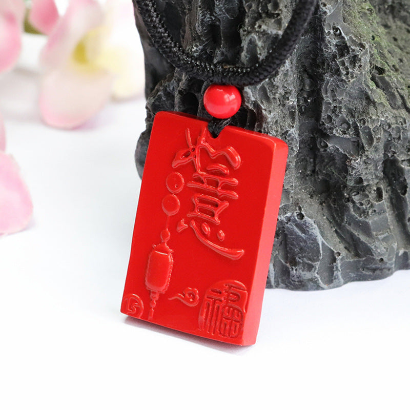 Lucky Red Cinnabar Stone Rectangle Pendant crafted in Sterling Silver