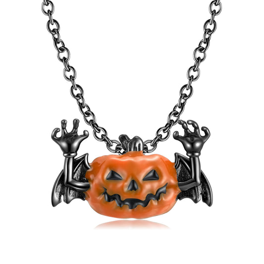 Halloween Pumpkin Bat Pendant Silver Necklace