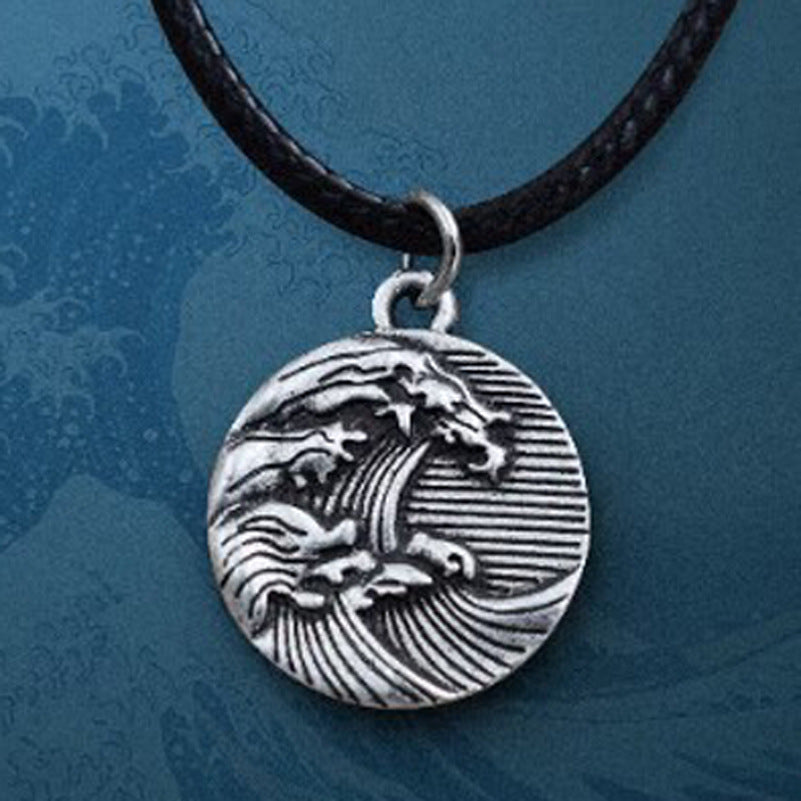 Hawaiian Wave Alloy Pendant Necklace with O-shaped Chain - Retro Wave Jewelry for Men