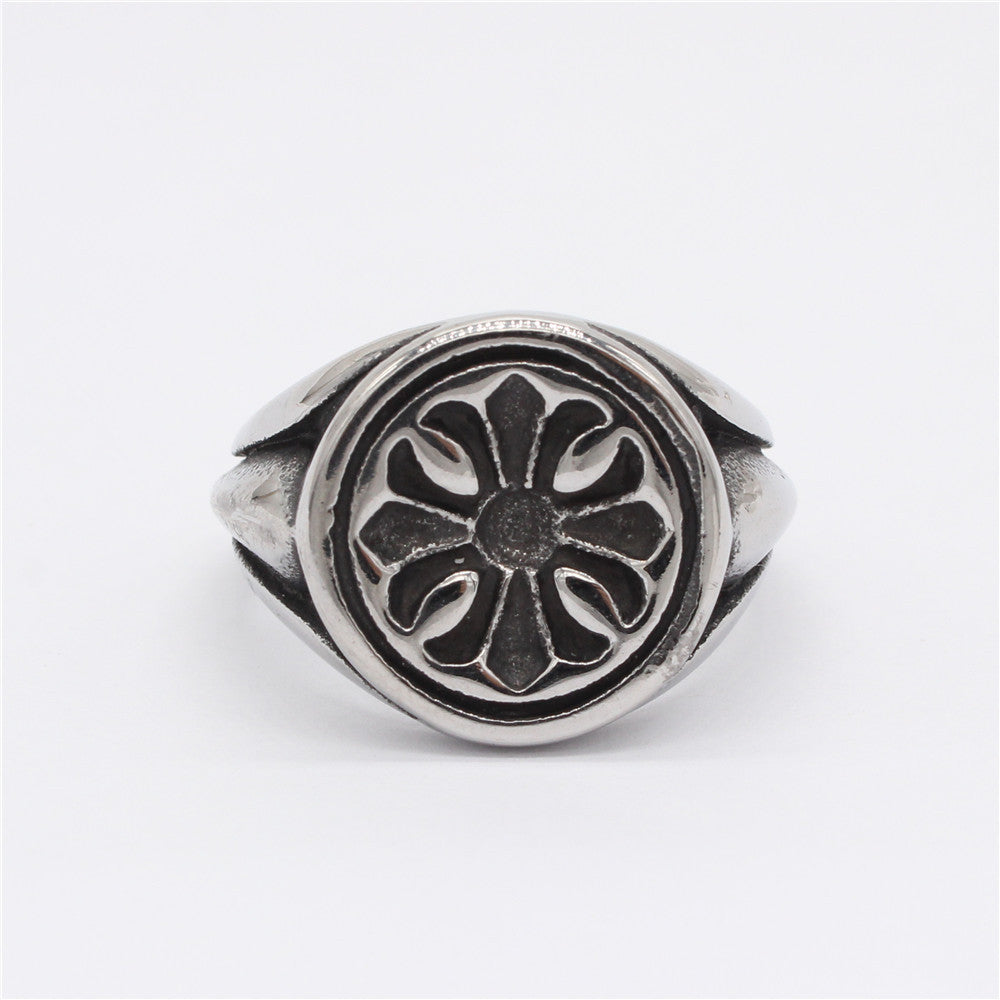 Cross Flower Round Titanium Steel Ring for Men