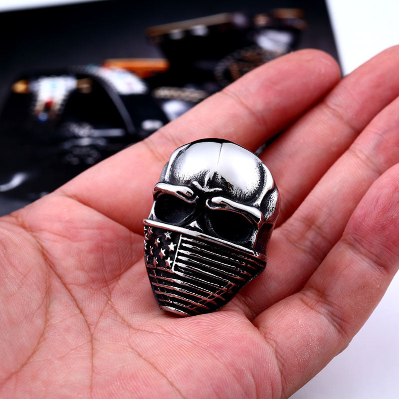 Gothic Skull Mask Titanium Steel Ring, Unique Stainless Steel Pentagram Ring for Men