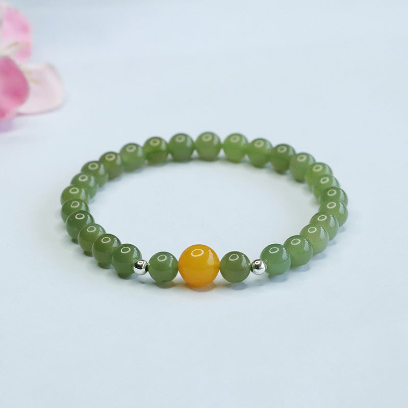 Fortune's Favor Sterling Silver Jade and Honey Wax Bracelet