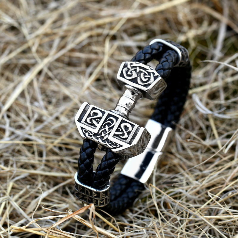 Norse Mythology Stainless Steel Thor's Hammer Bracelet for Men - Viking Leather Jewelry Wholesale